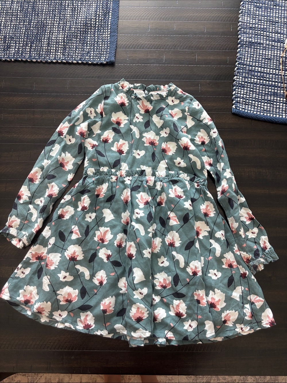 Jean Bourget Floral Long-Sleeve Dress - Teal with Pink & White Flowers